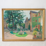 Gouache Marc Hourriel "the master's house with the flower garden"