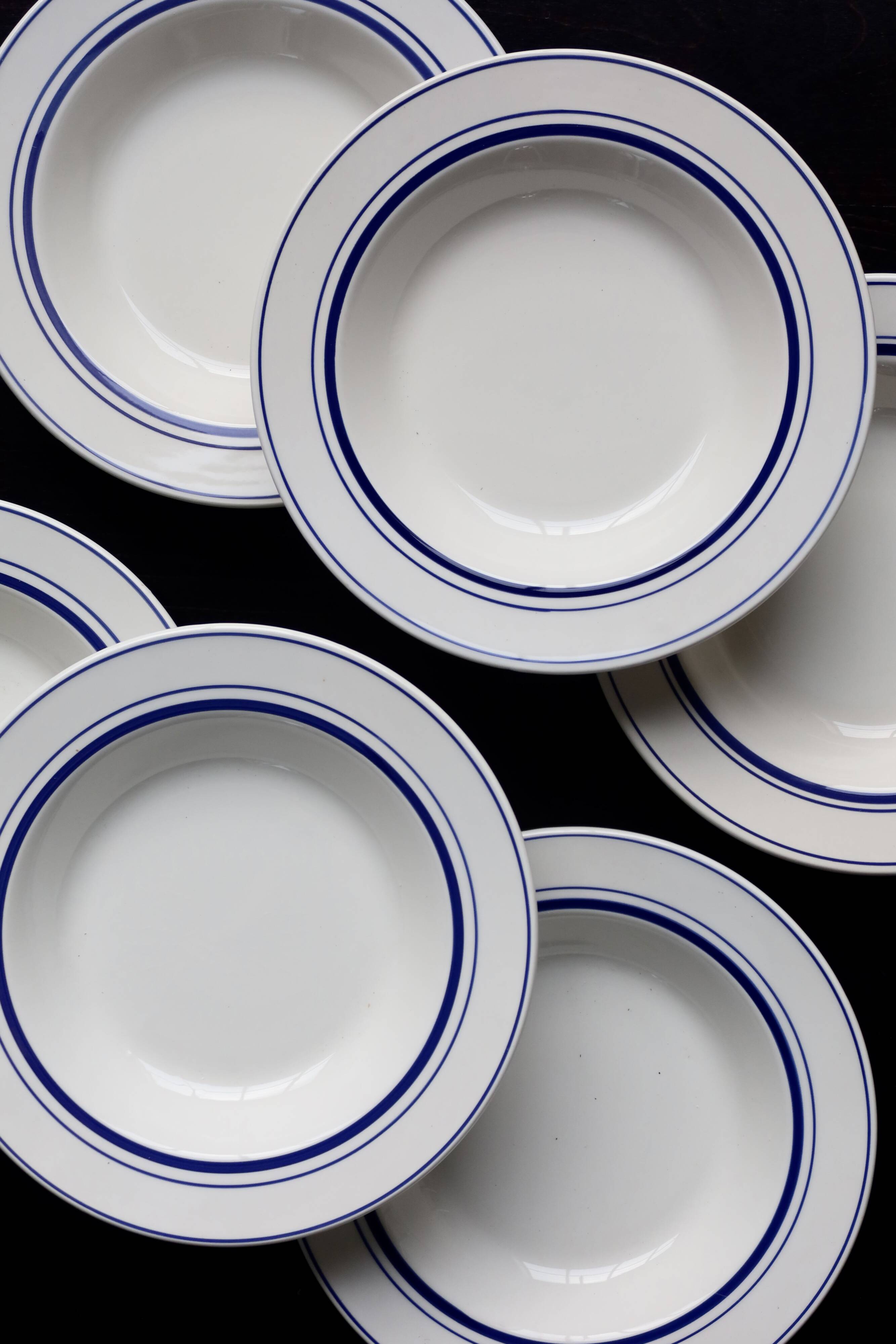 6 assiettes creuses vintage style bistrot porcelaine bleue et blanche