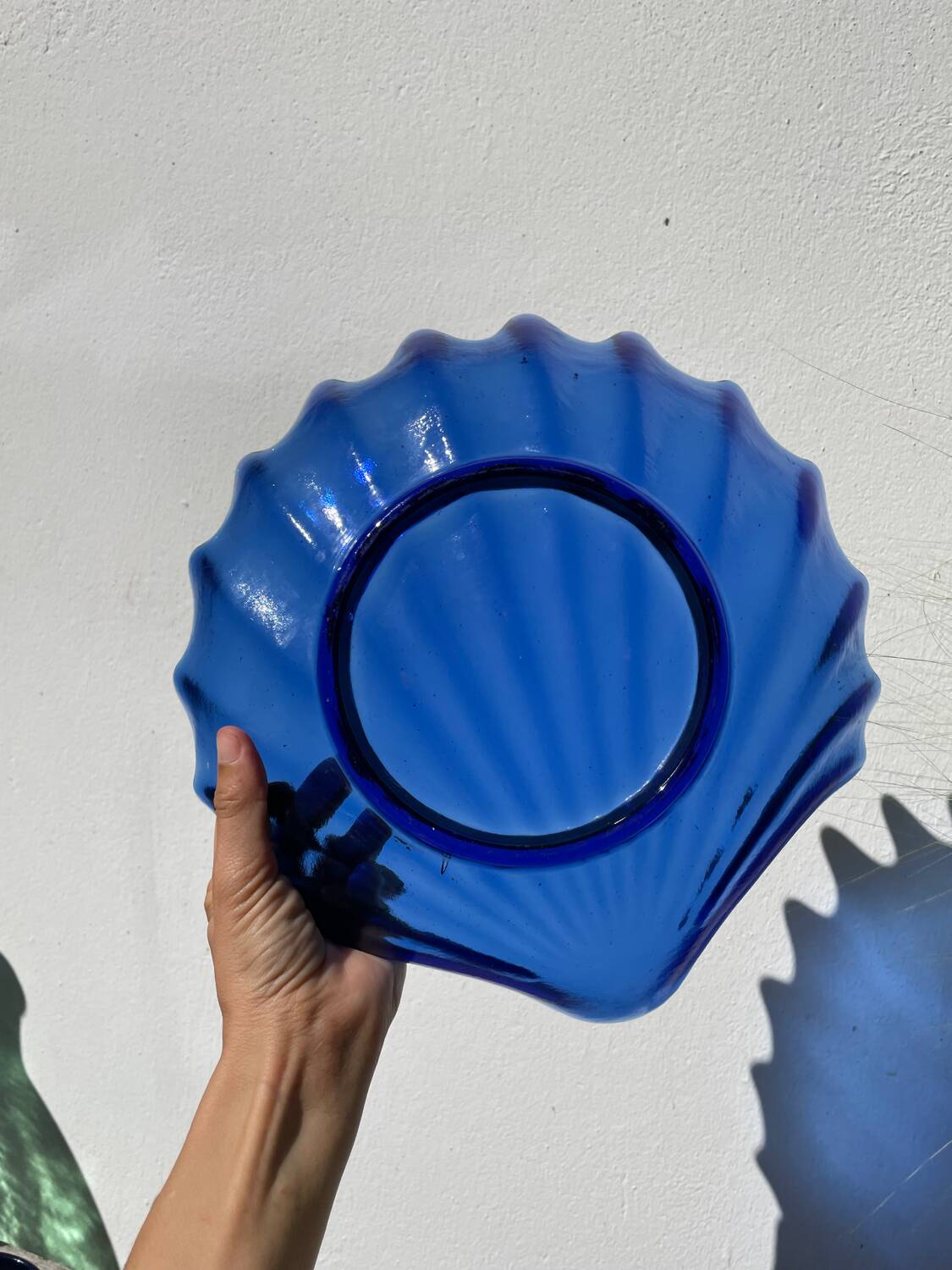 Blue glass shell salad bowl