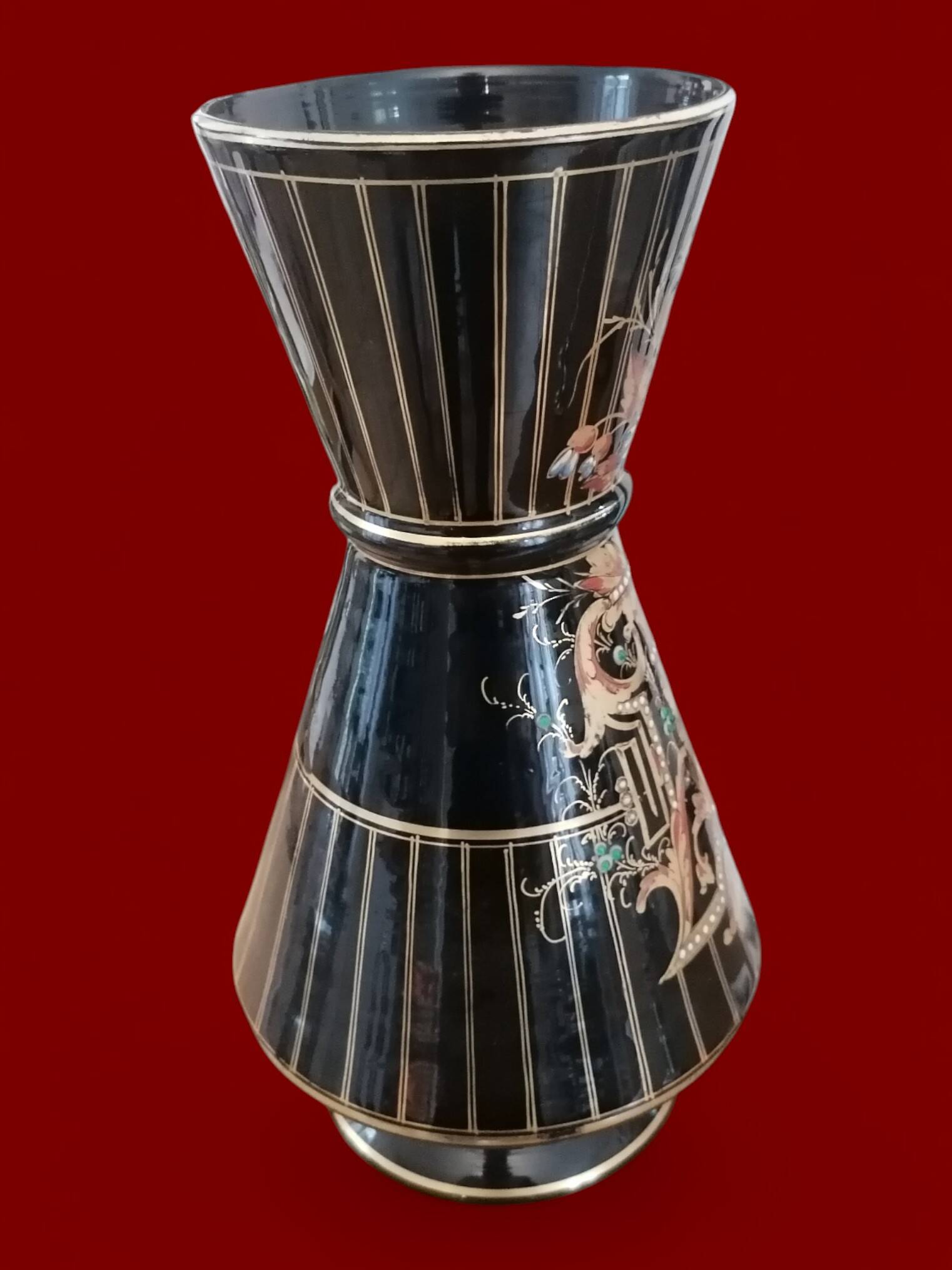 Antique black enameled glass vase