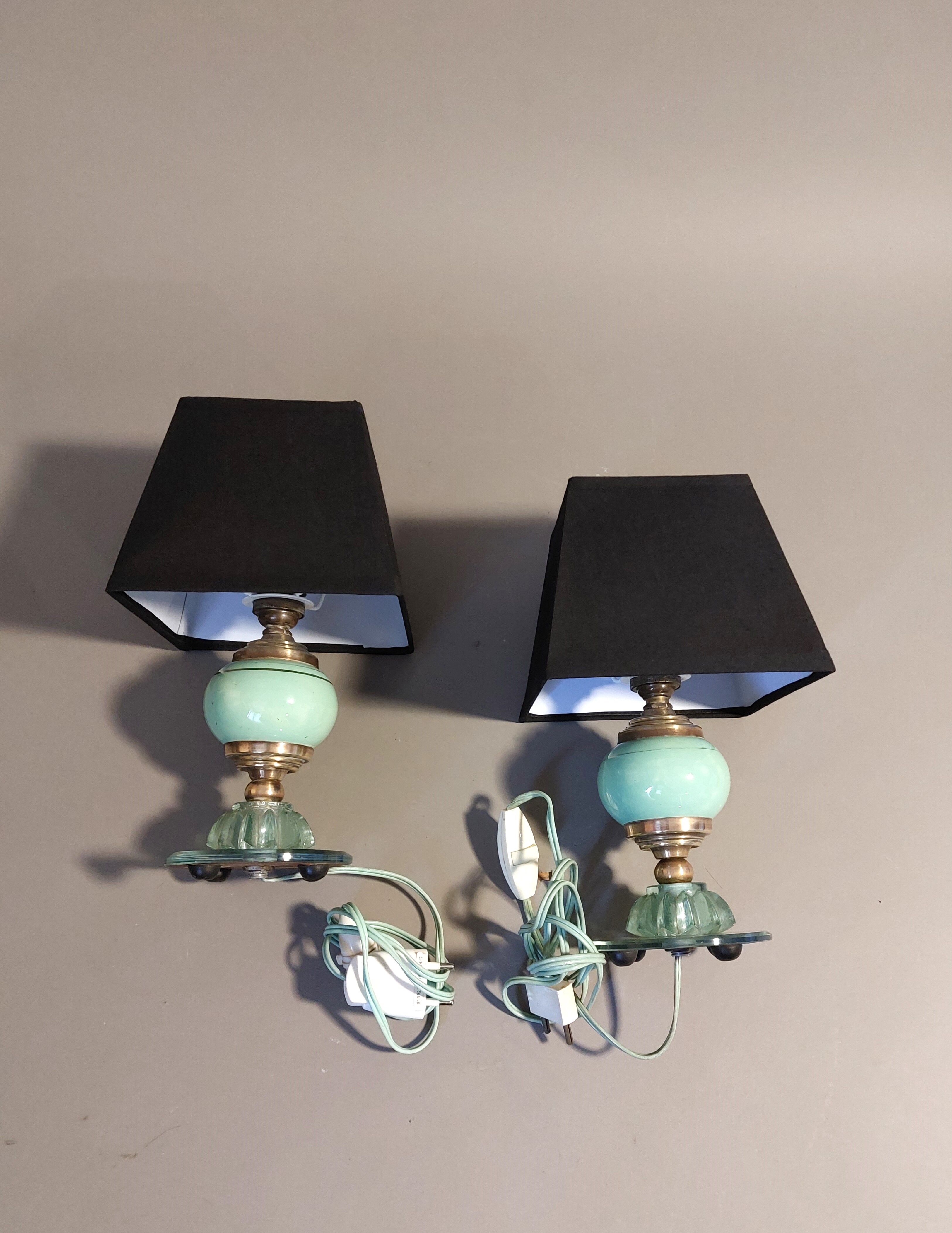 Pair of green opaline bedside lamps, venice glass and gilded brass Italy 1940.
