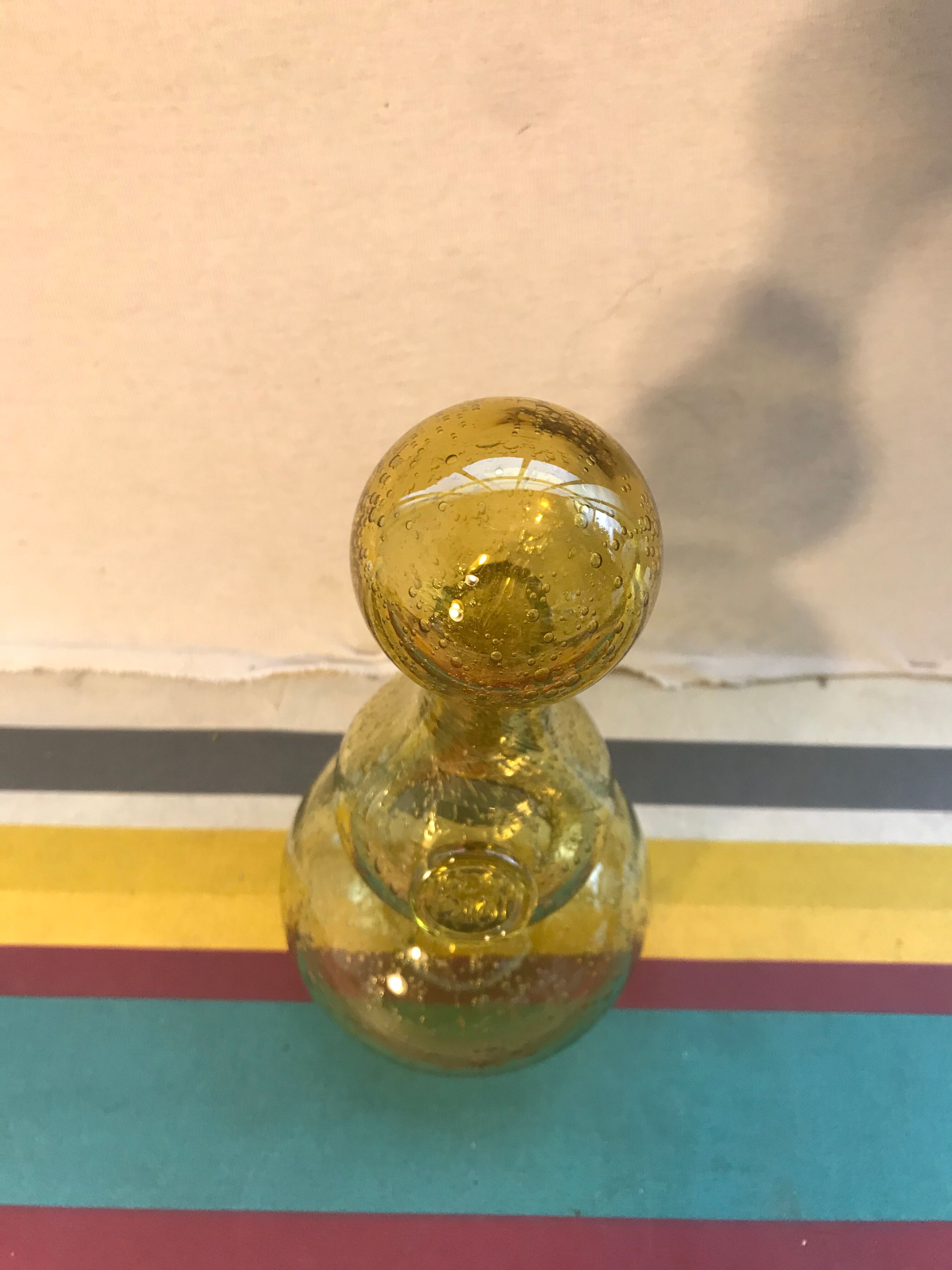 Pair Old Bottle BIOT Yellow Bullized Blown Glass - Bouchon