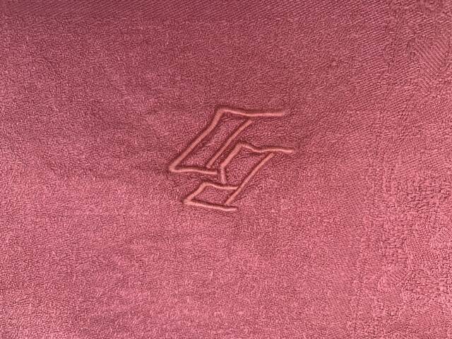 Set of 4 monogrammed BD napkins, rust, damask cotton and linen.