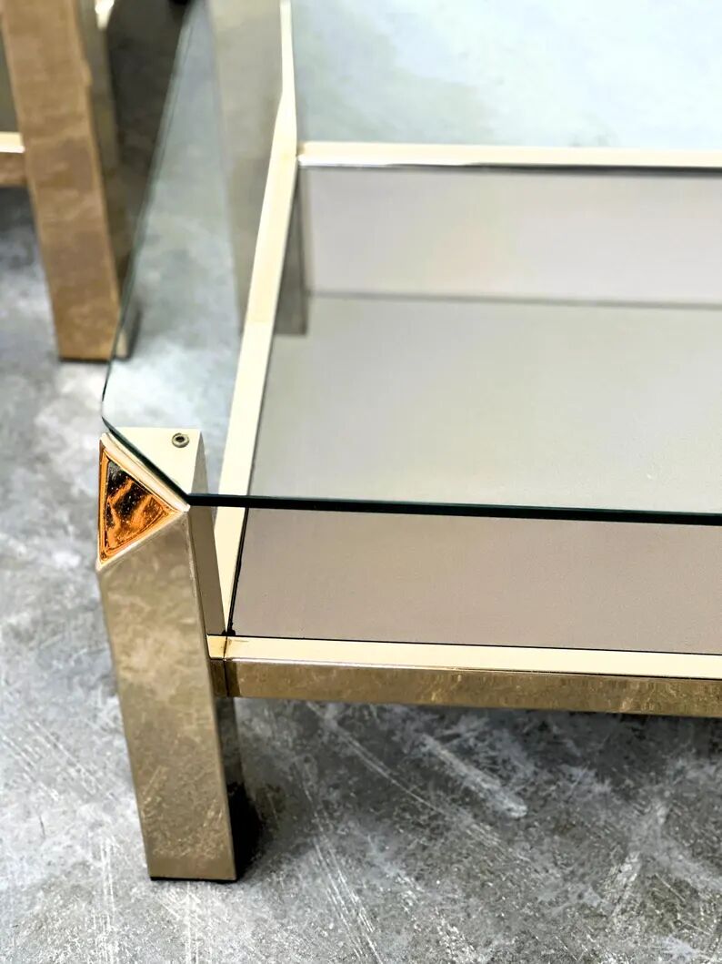 Set of 2 Belgo coffee tables in chrome brass and glass, Belgium, 1970s