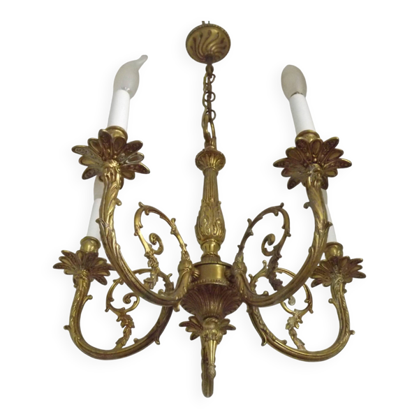 Chandelier en bronze vintage français élégant à 5 lumières de style Art Nouveau