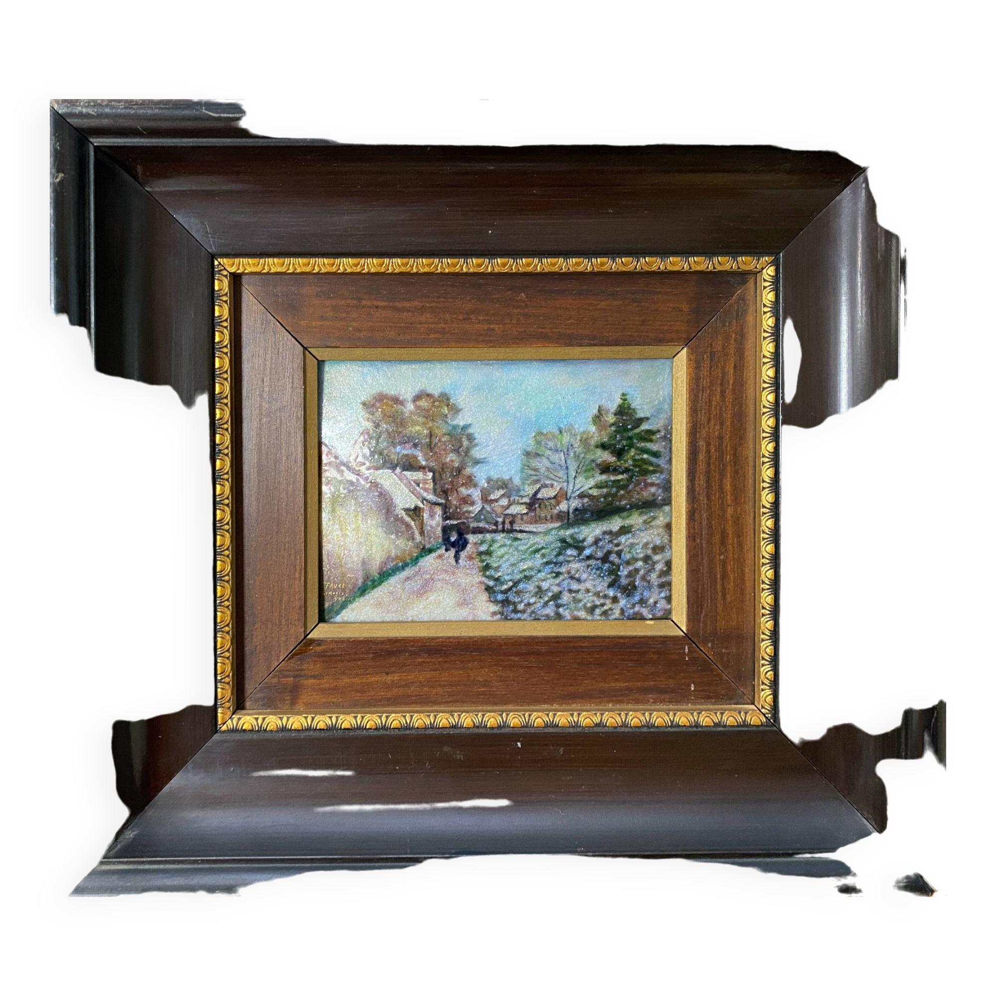 Camille Fauré Limoges painting "Village in winter" enamel painting