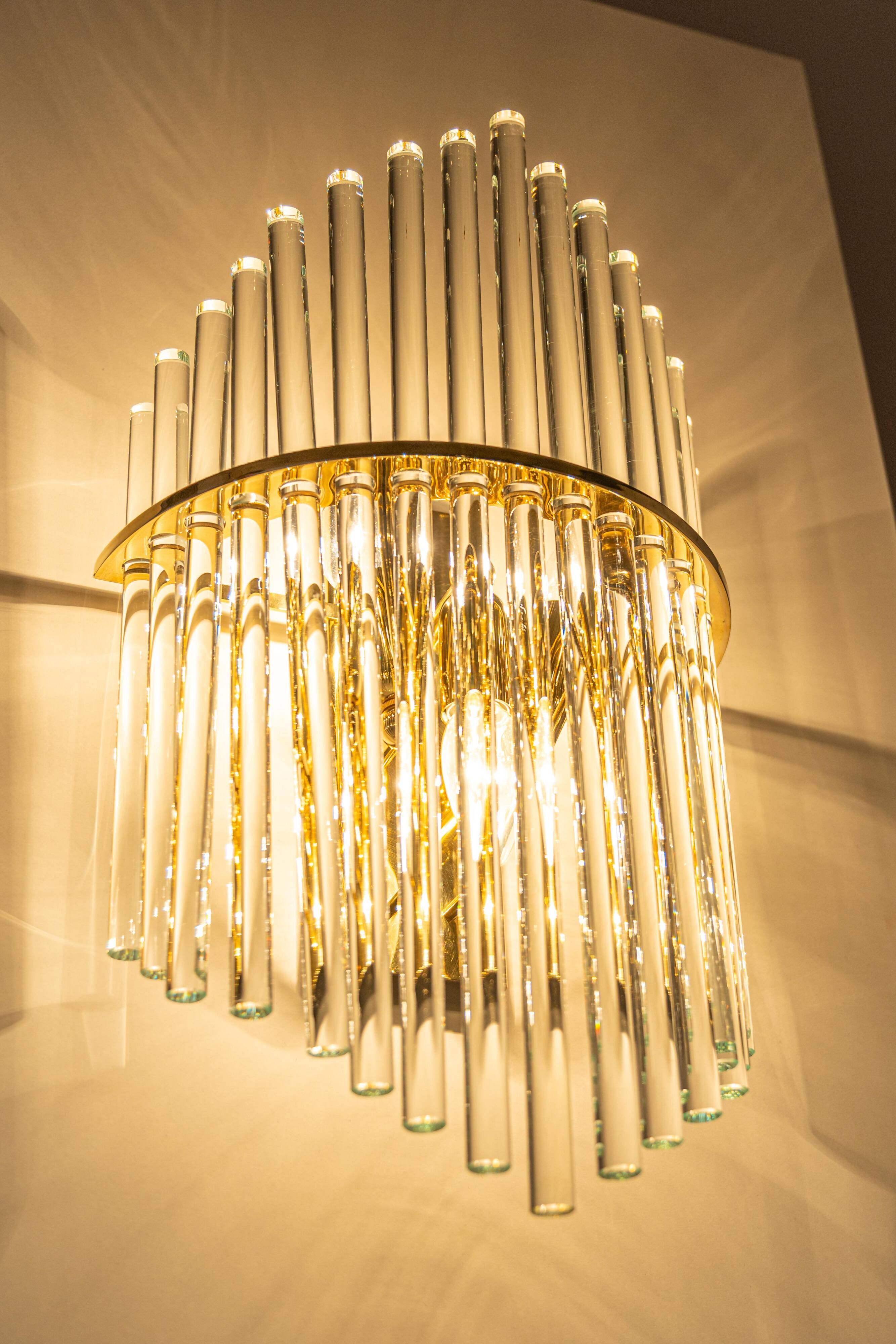 Pairs of magnificent crystal stem wall lights by Christoph Palme, Germany, 1970s.