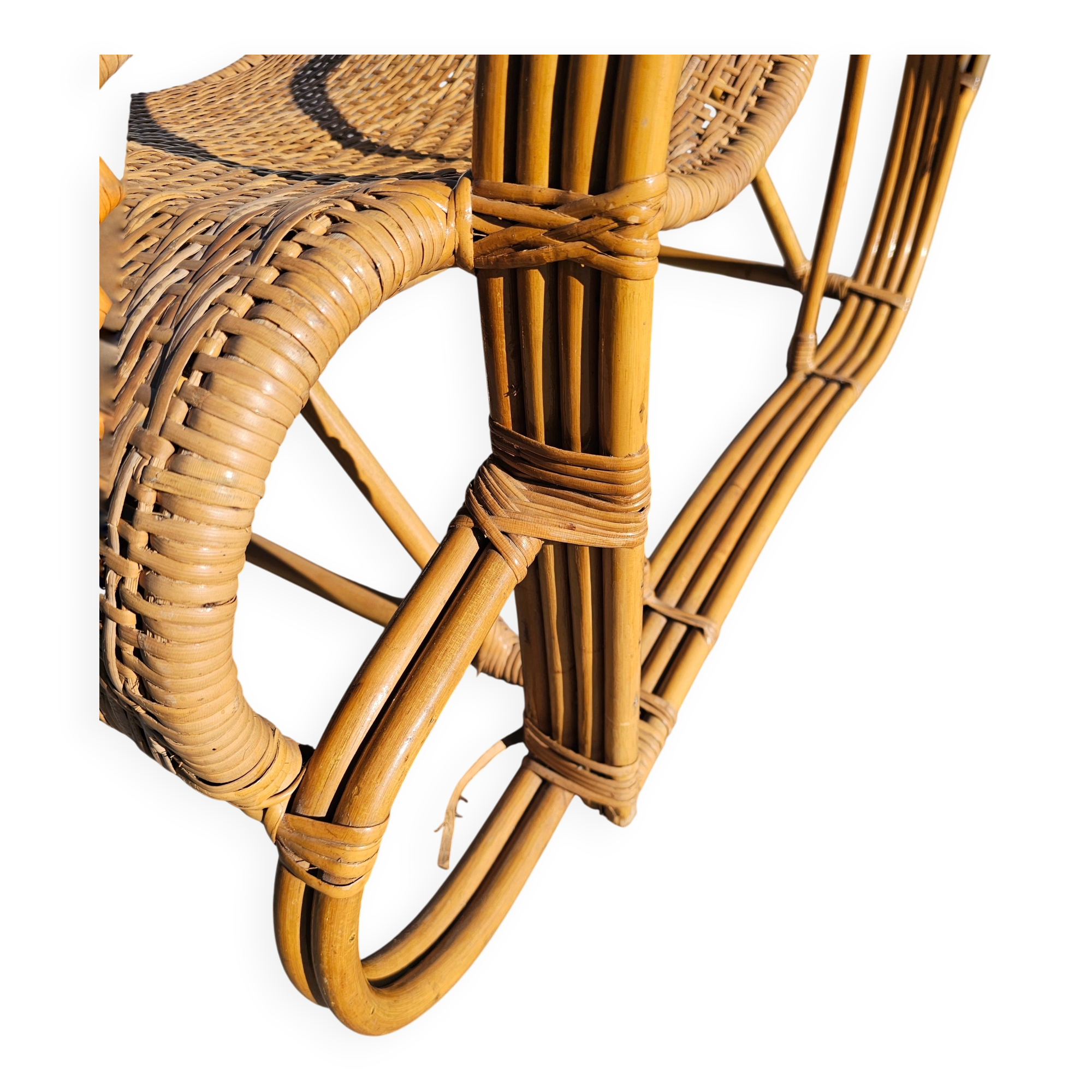 Paire de chaises longues XXL Mid Century Modern en bambou et rotin
