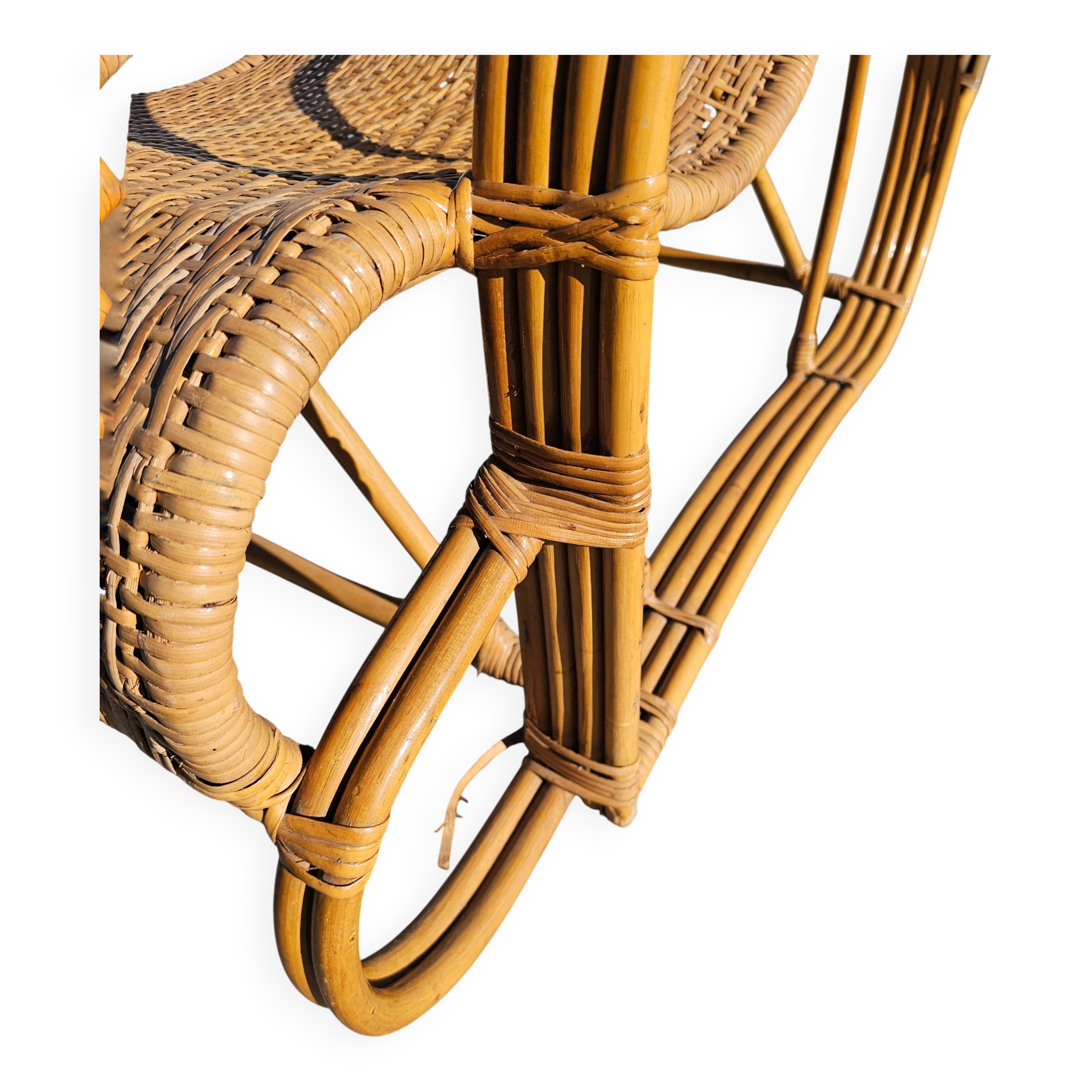 XXL Mid Century Modern pair of bamboo and rattan sun loungers