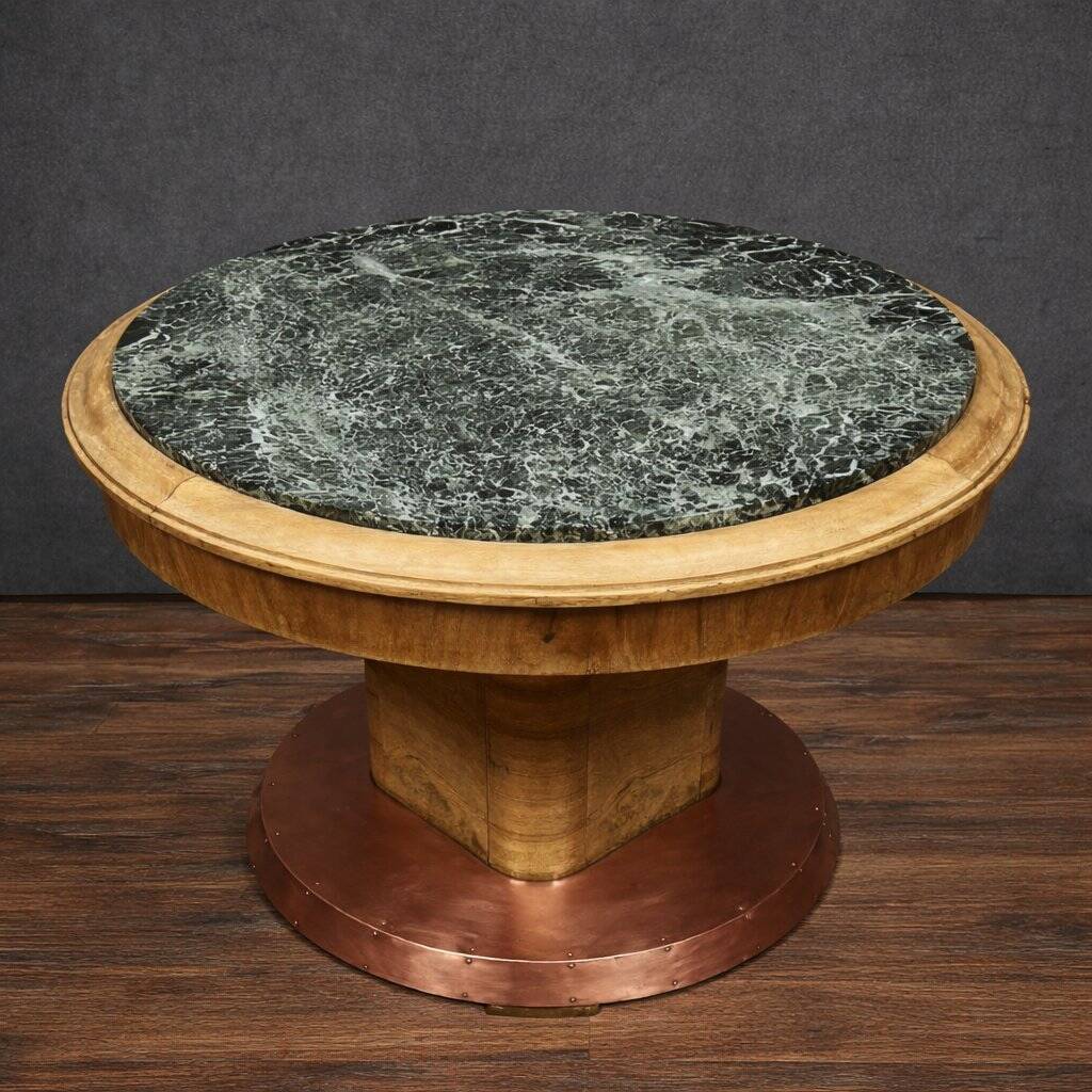 Art Deco table in wood, copper and marble – circular top – around 1930