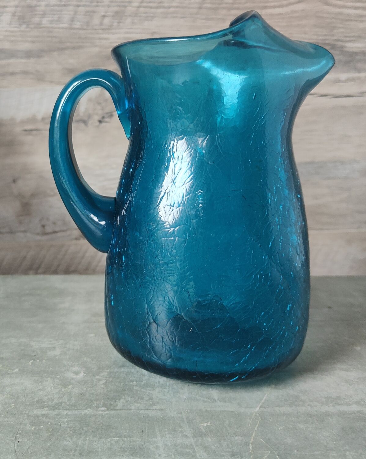 Blue cracked glass pitcher