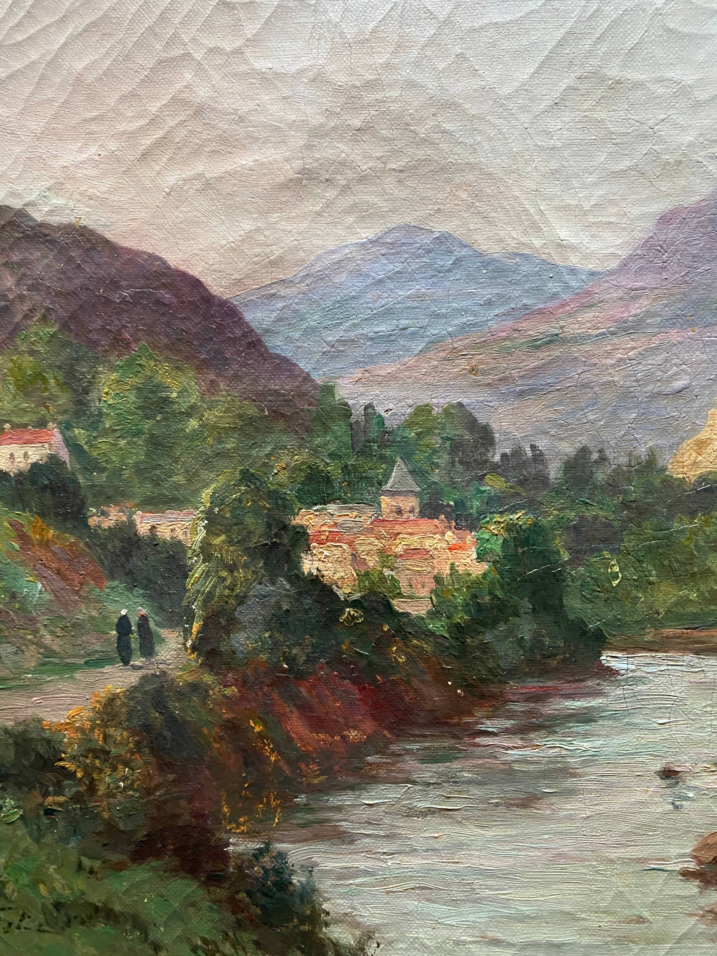 HST painting "Altitude landscape" Mountain and animated river signed