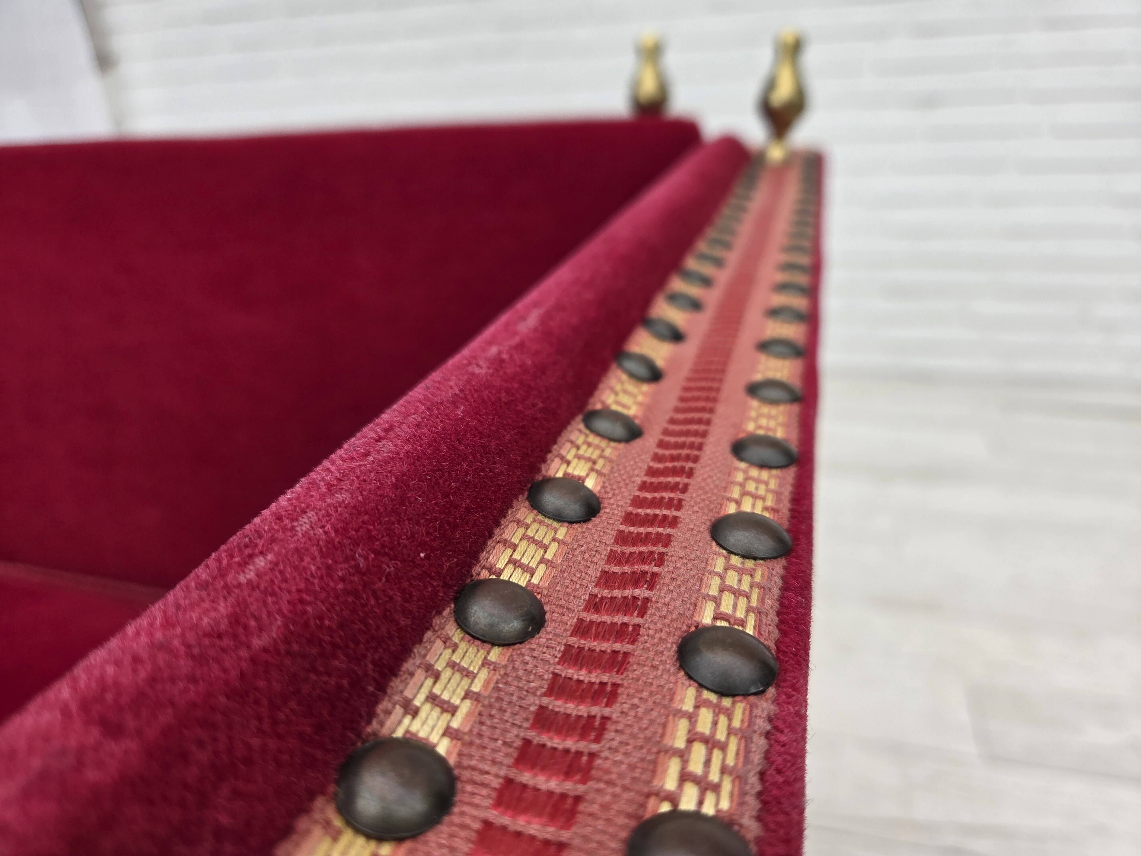 1970s, Danish 2-seater "Spanish" drop arm sofa, red furniture velour.