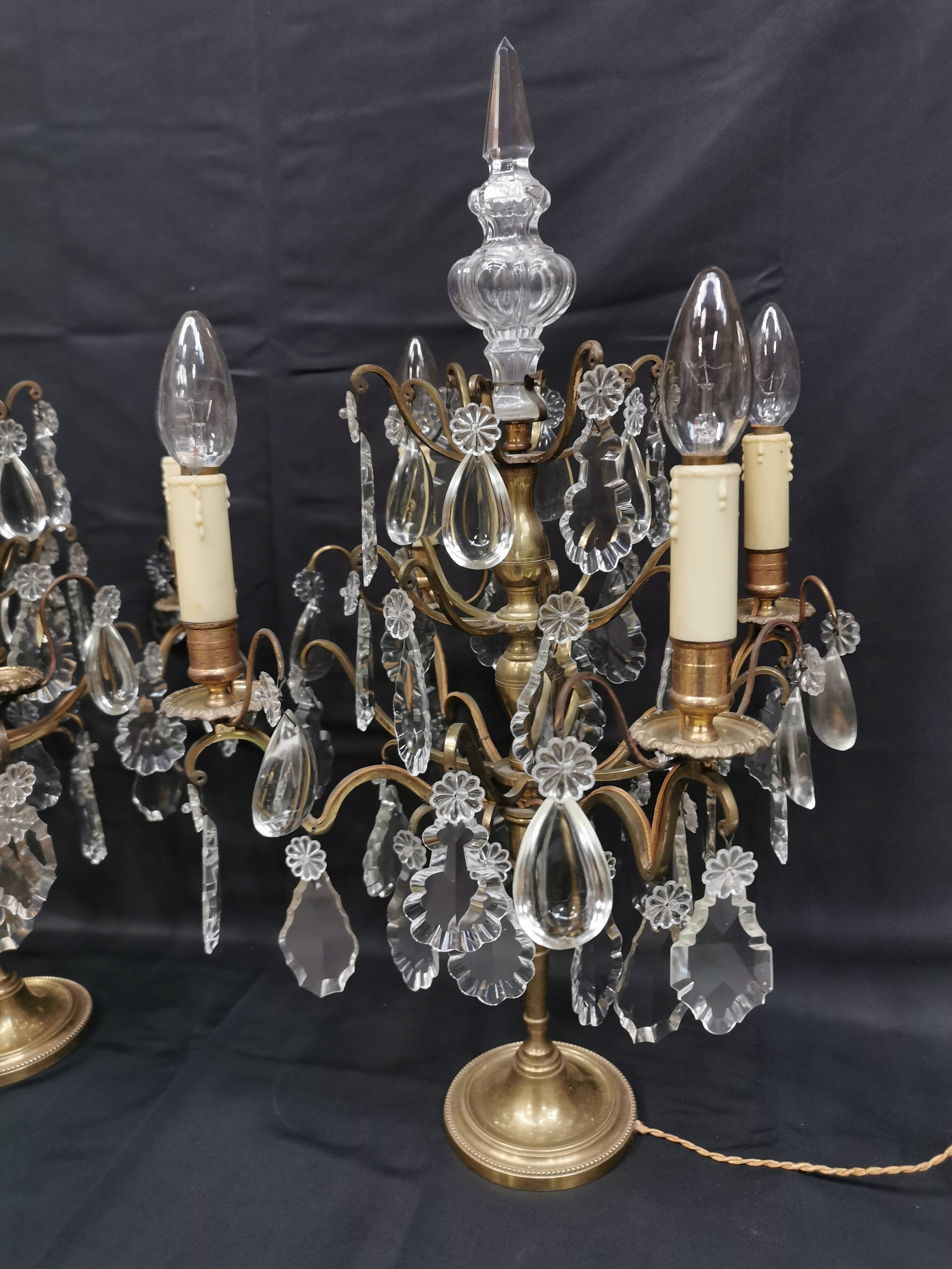 Pair of large electrified girandole candlesticks with crystal tassels