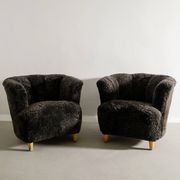 Pair of Swedish Curved Mid Century Modern Armchairs in Dark Sheepskin 1940s