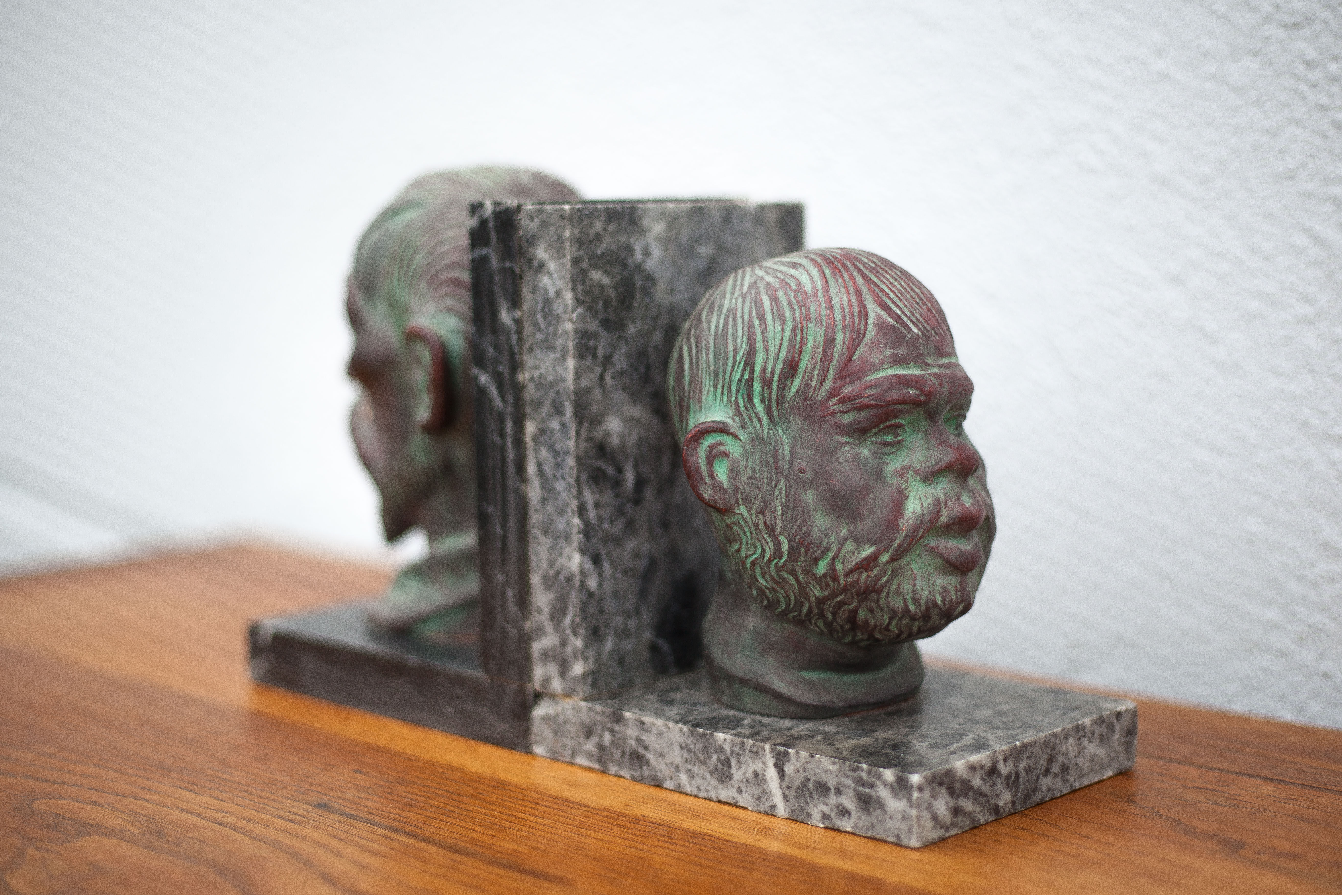 Pair of terracotta and marble bookends, don quixote and sancho panza, paperweight, library