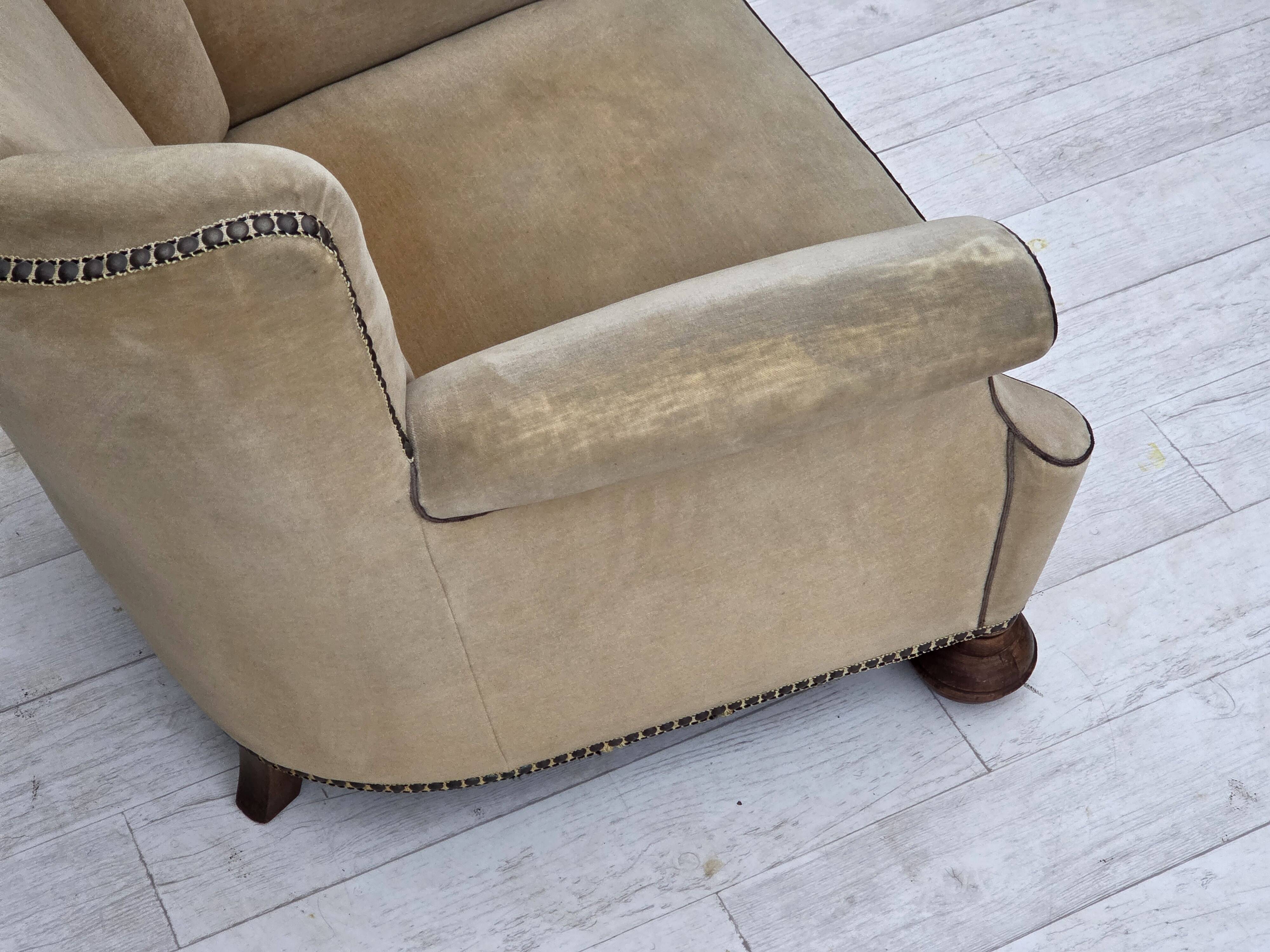 1950s, Danish relax chair, furniture velour with patina, oak wood legs.