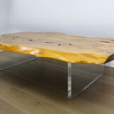 'Floating' mid-century Italian burr elm coffee table on Lucite blocks
