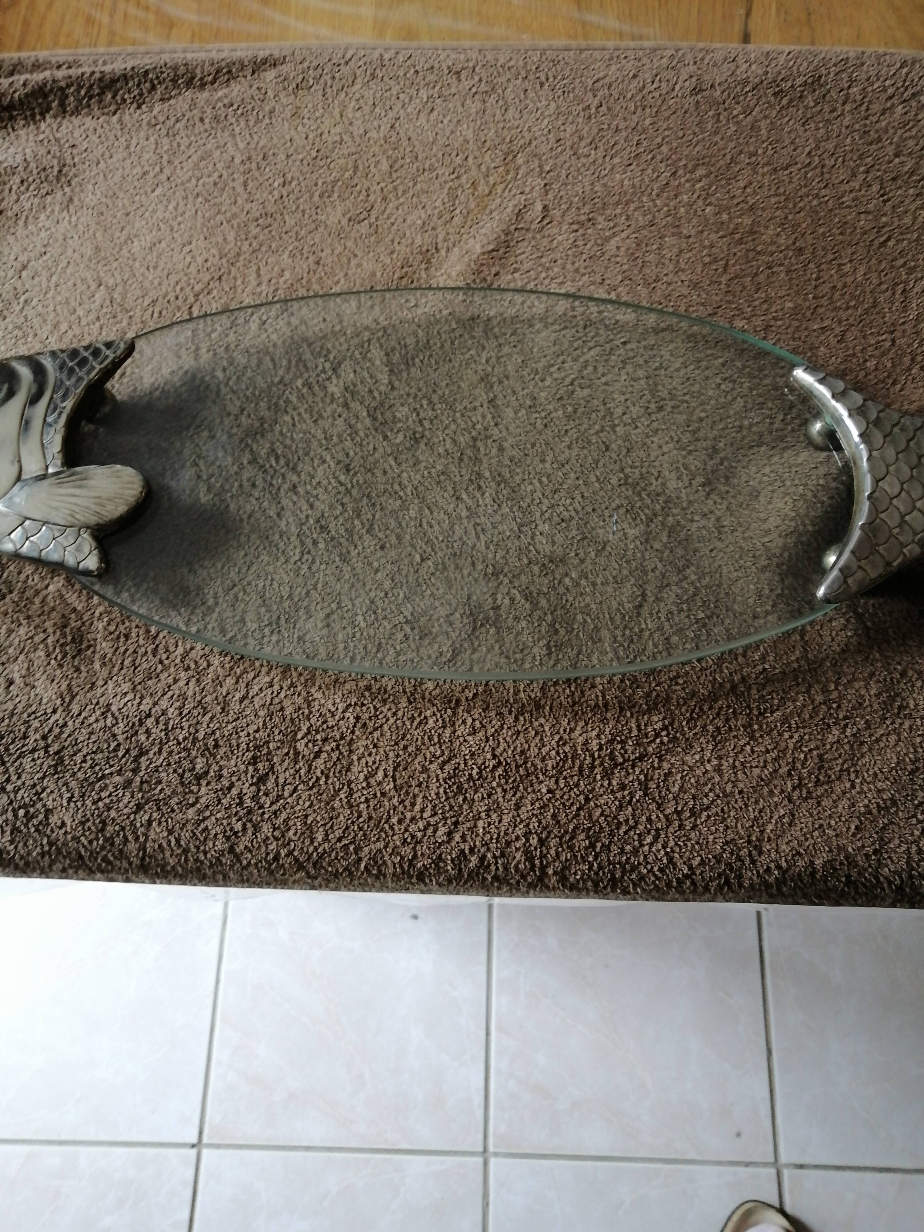 Serving plate for salmon fish dish silver plate and thick glass tray