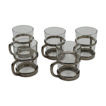 Modernist tea glasses with sculptural steel stands, set of five (1970s)