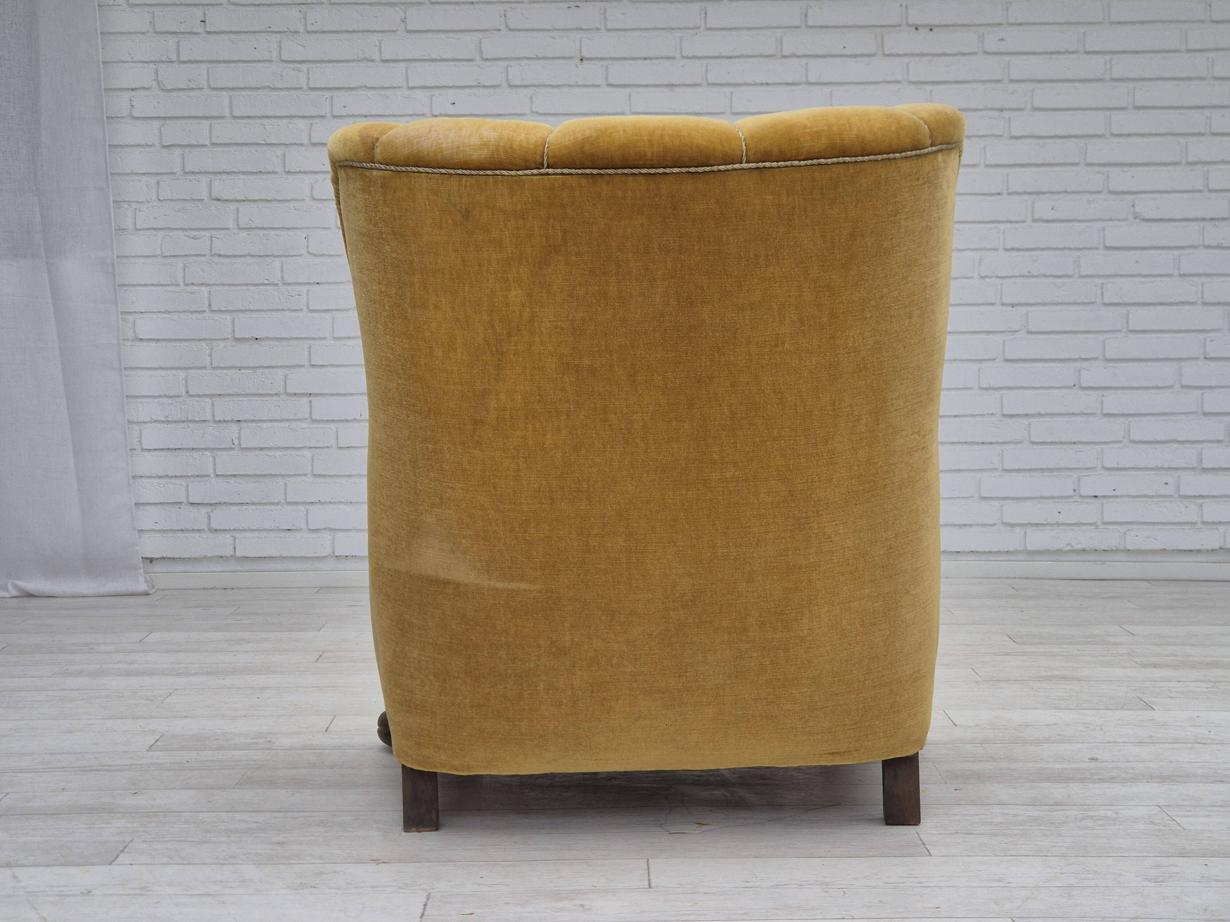 1960s, Danish relax armchair, yellow-honning furniture velour, oak wood.