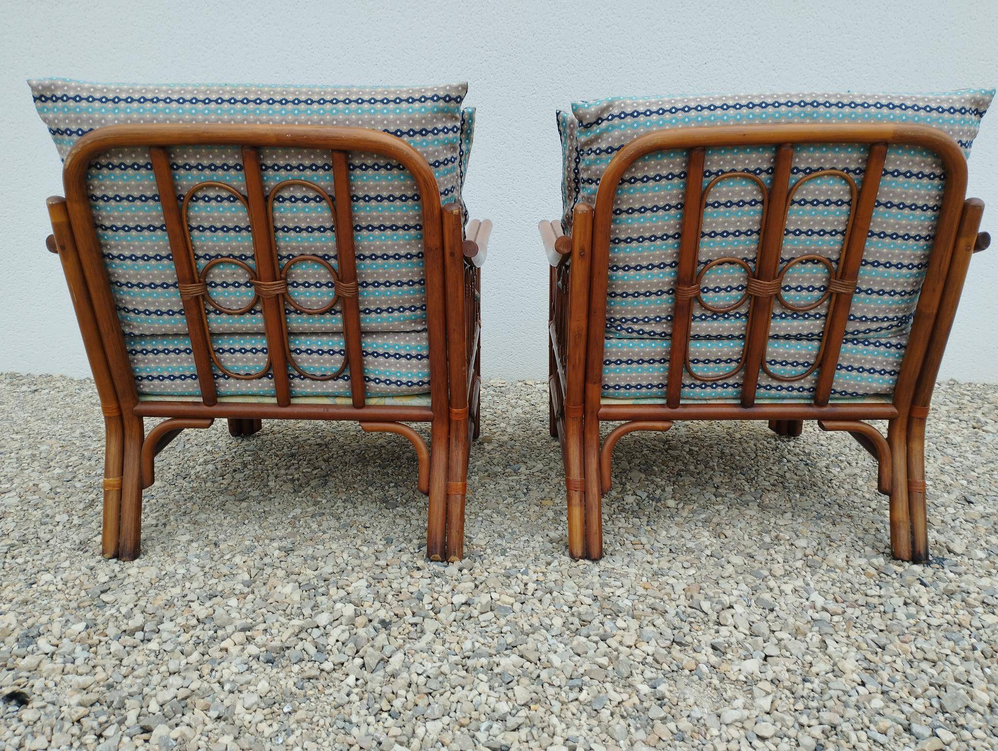 Pair of glacier blue rattan armchairs French Riviera vintage ép