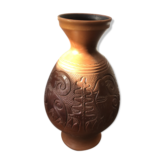 Vase céramique marron décor ciselé vintage