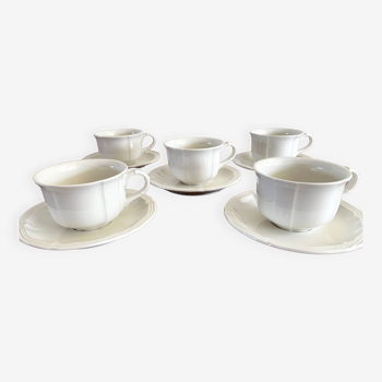Set of 5 Villeroy & Boch Coffee Cups with Saucers, Manoir Series, Vintage White Vitro Porcelain