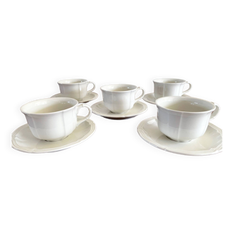 Set of 5 Villeroy & Boch Coffee Cups with Saucers, Manoir Series, Vintage White Vitro Porcelain