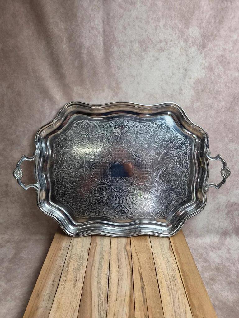 Large silver-plated serving tray – Rococo decoration & shell handles