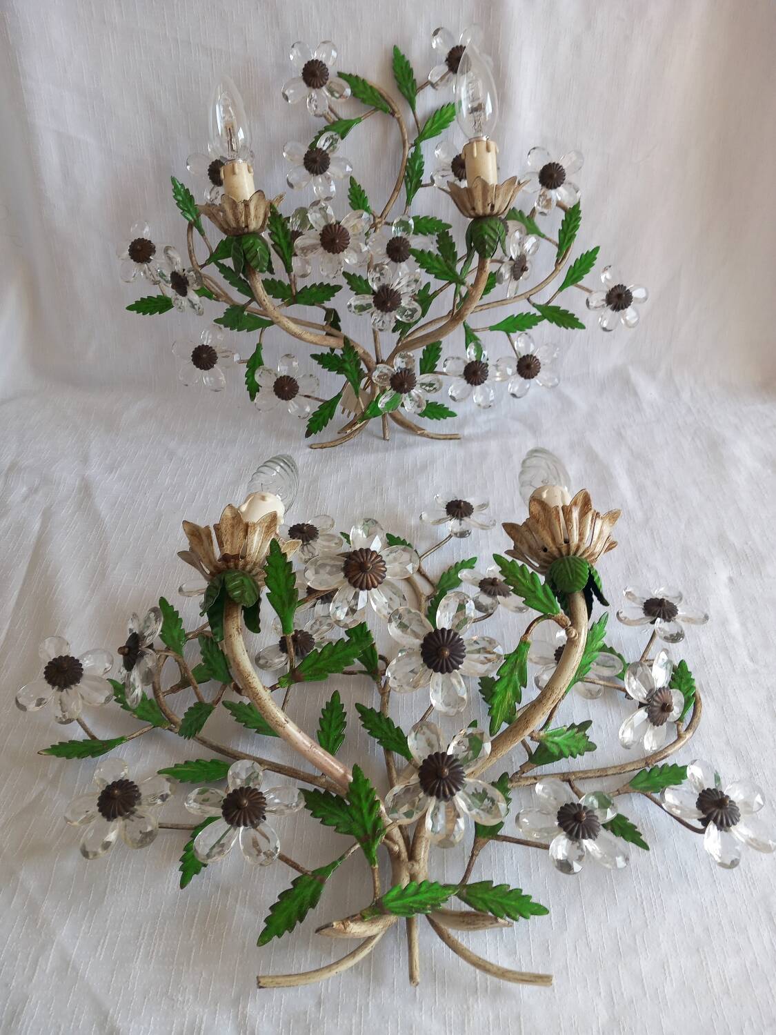 Pair of Italian Florentine wall sconces in tin and glass.