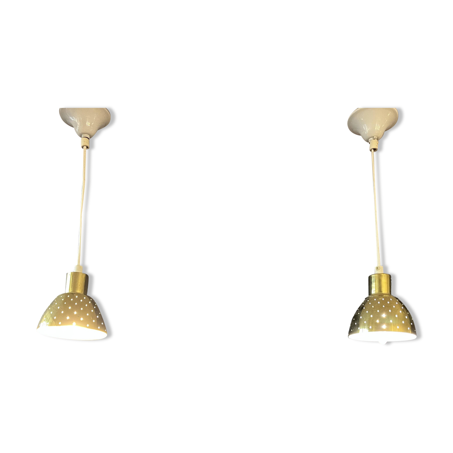 Pair of vintage 1970s gold perforated metal pendant lights. 6 lots.