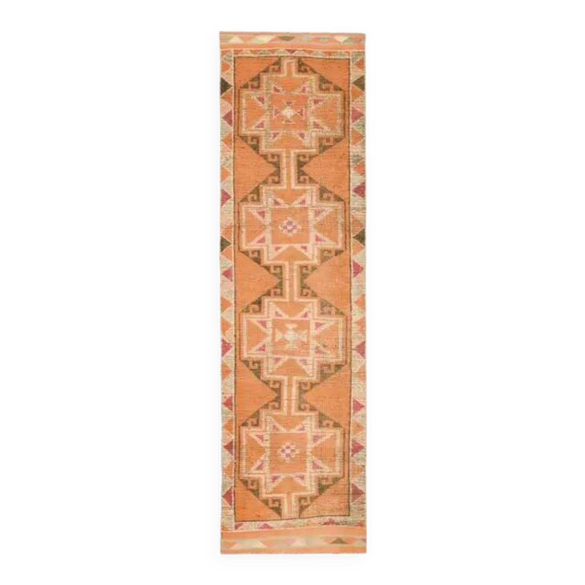 Tapis couloir vintage turc Oushak fait main orange des années 1970 86x367