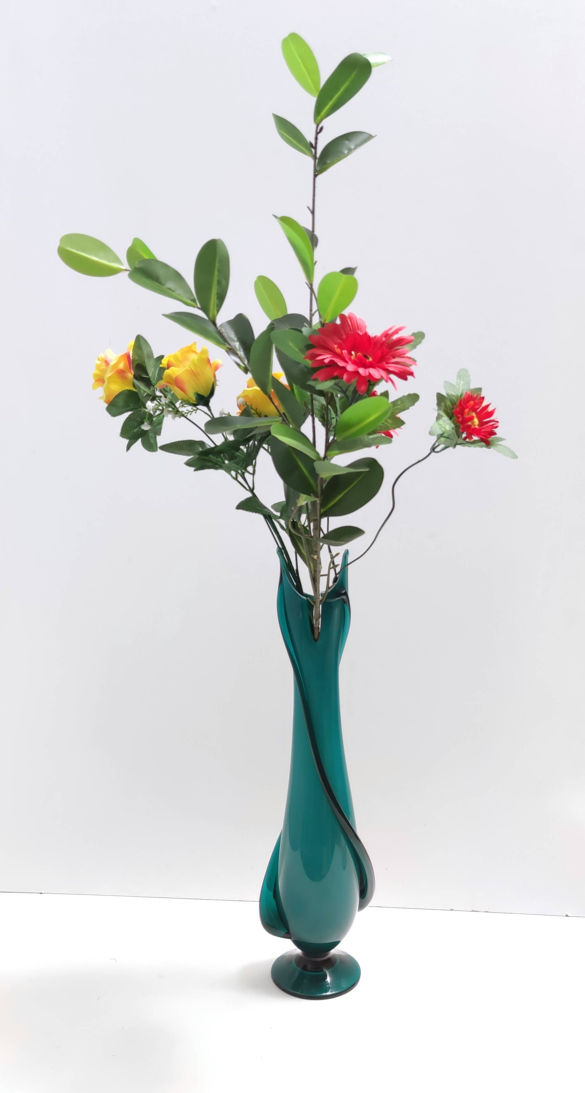 Teal Encased and Hand-Blown Murano Glass Flower Vase, Italy