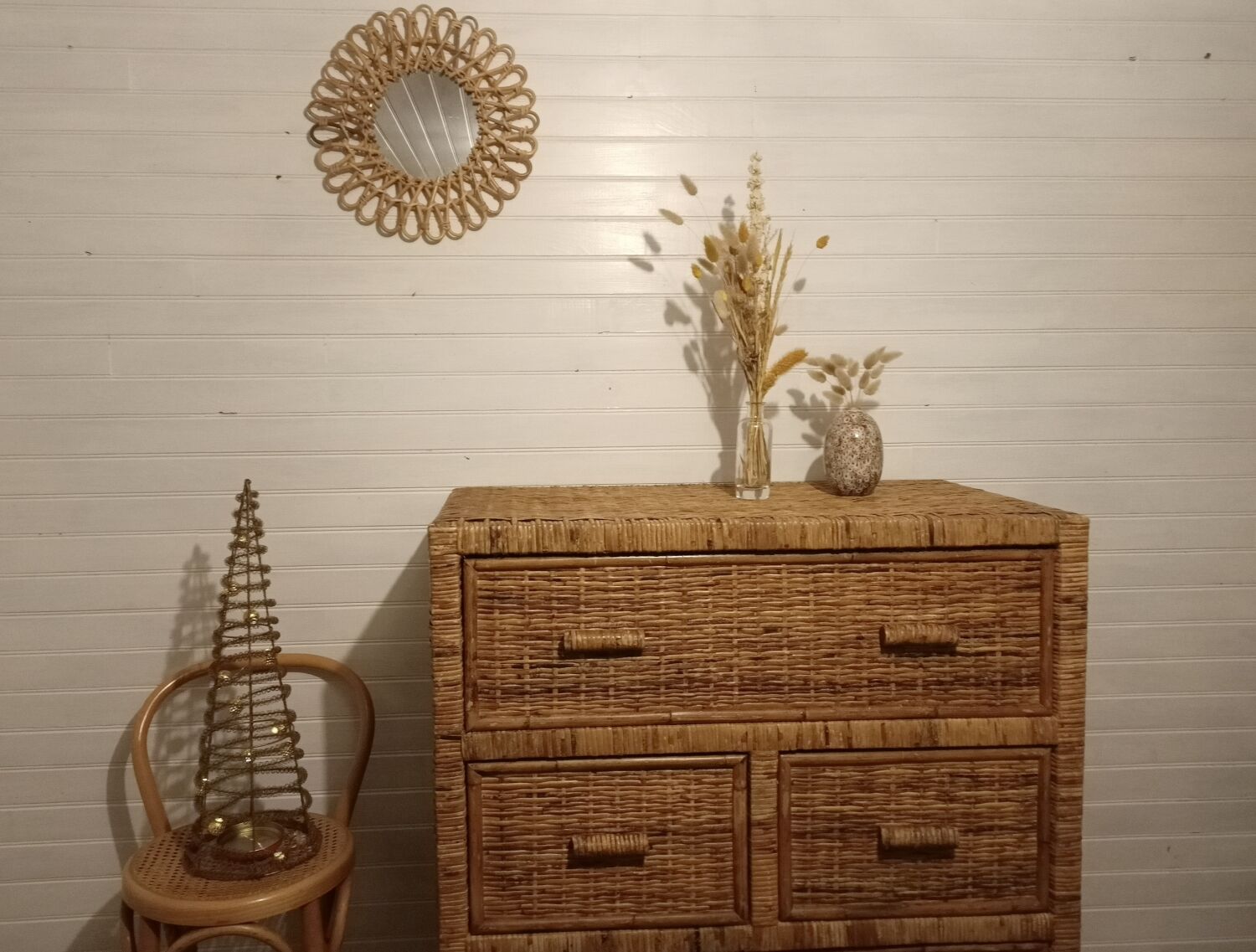 High wood and rattan chest of drawers