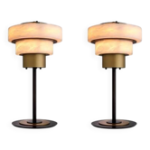 Pair of table lamps in patinated brass and alabaster.