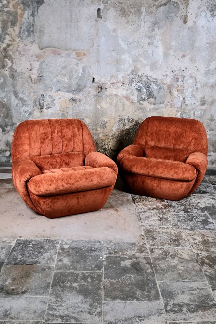 Pair of squirrel velvet armchairs, France, 1970s