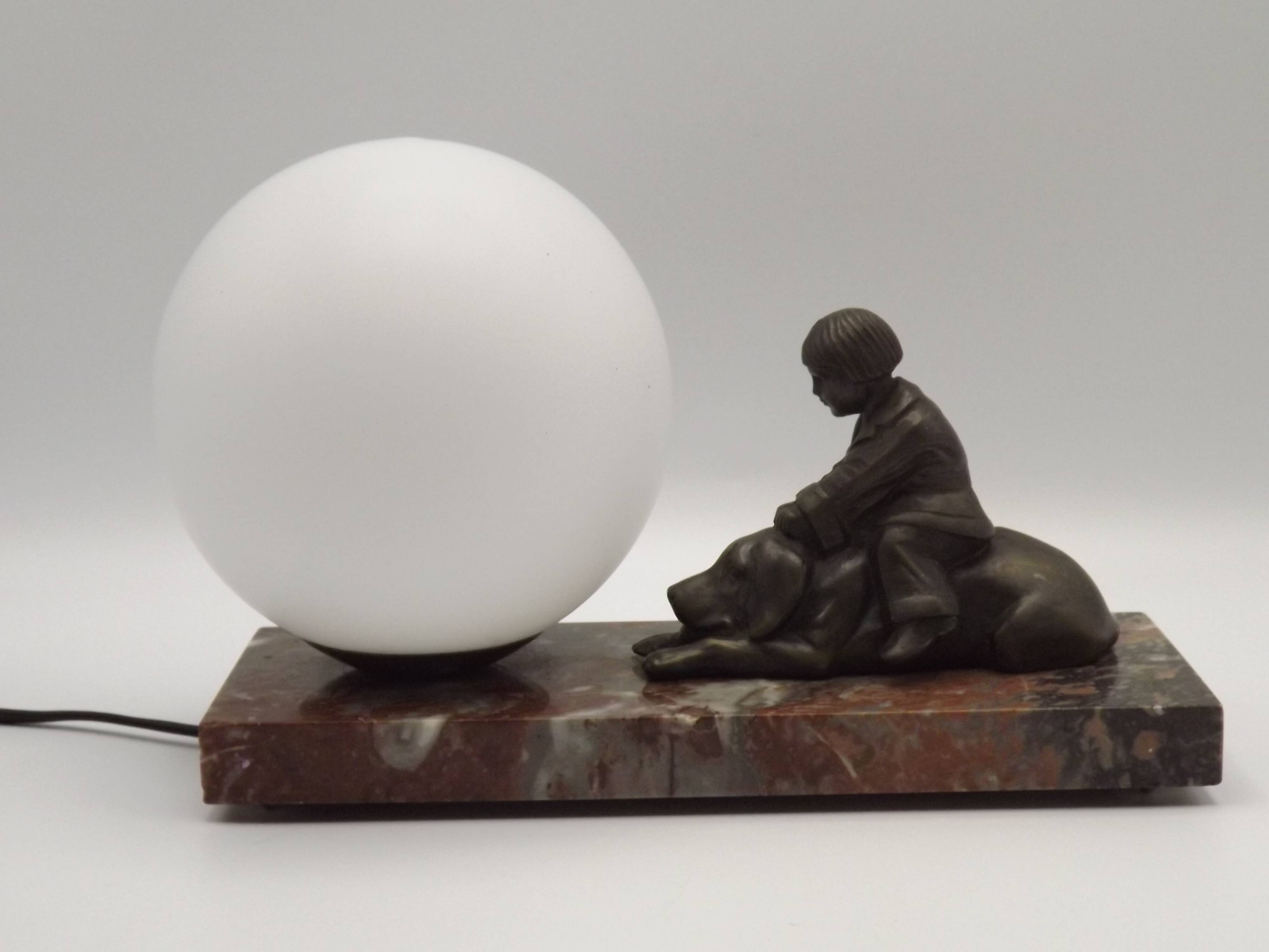 French Art Deco Table Lamp Vintage Dog & Child Figure Opaline Glass Shade
