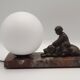 French Art Deco Table Lamp Vintage Dog & Child Figure Opaline Glass Shade