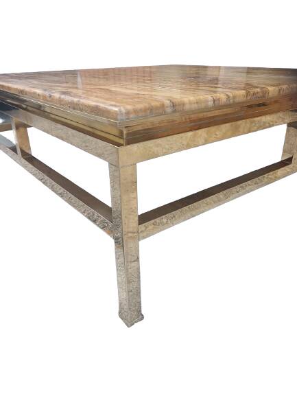 Table basse Guy Lefevre maison Jansen, laiton doré et travertin