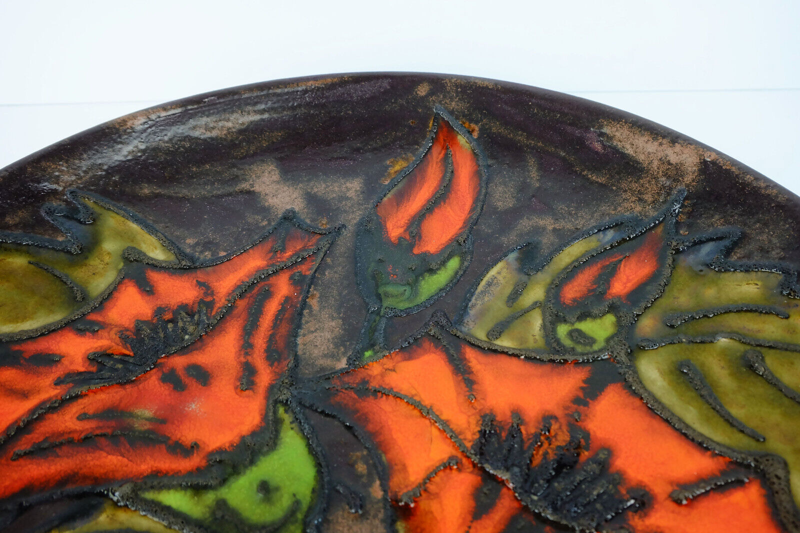 Vintage Ruscha 70s wall plate decor orange flowers fat lava glaze