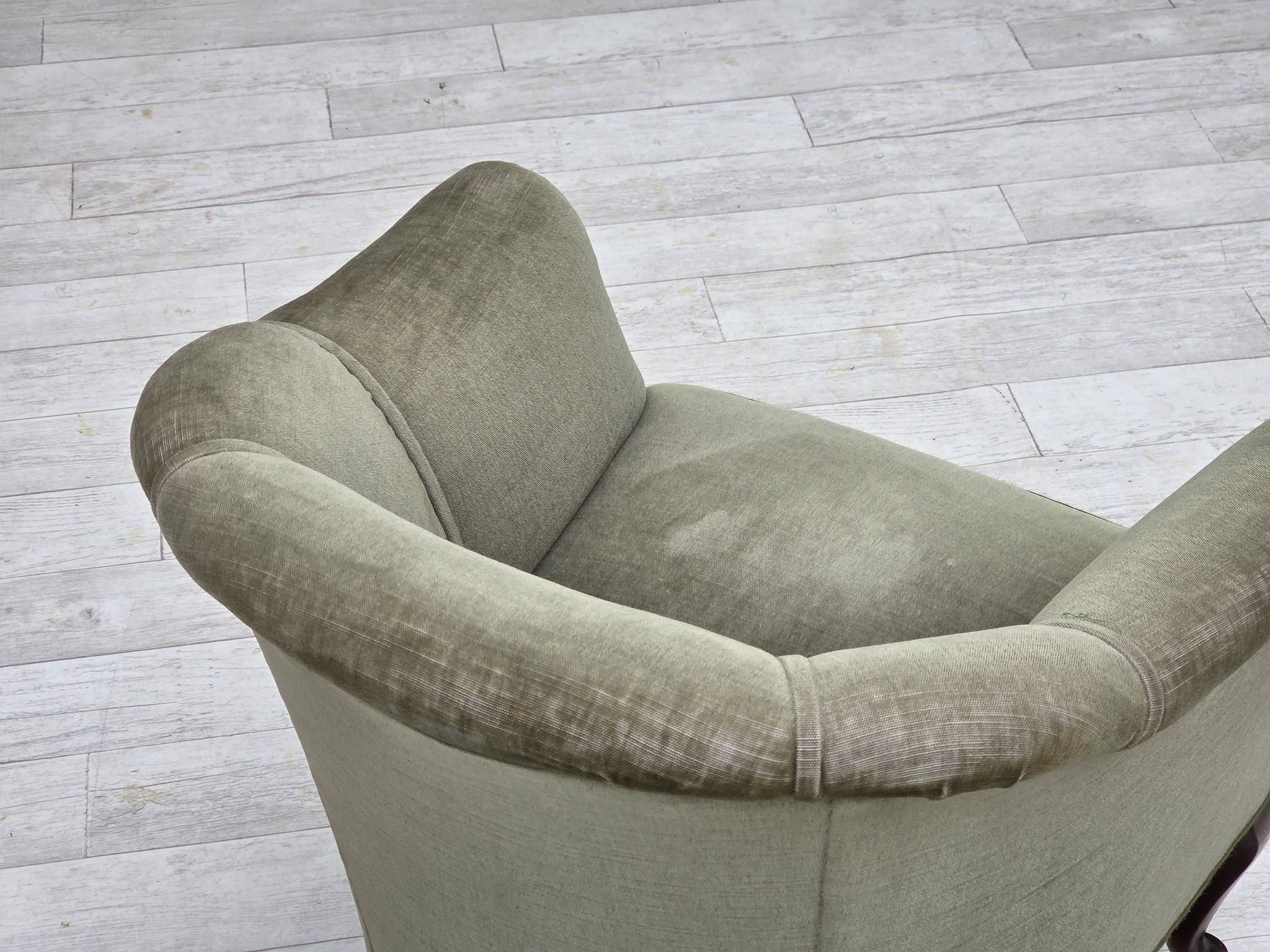 1960s, Danish armchair, green furniture velour, beech wood legs.