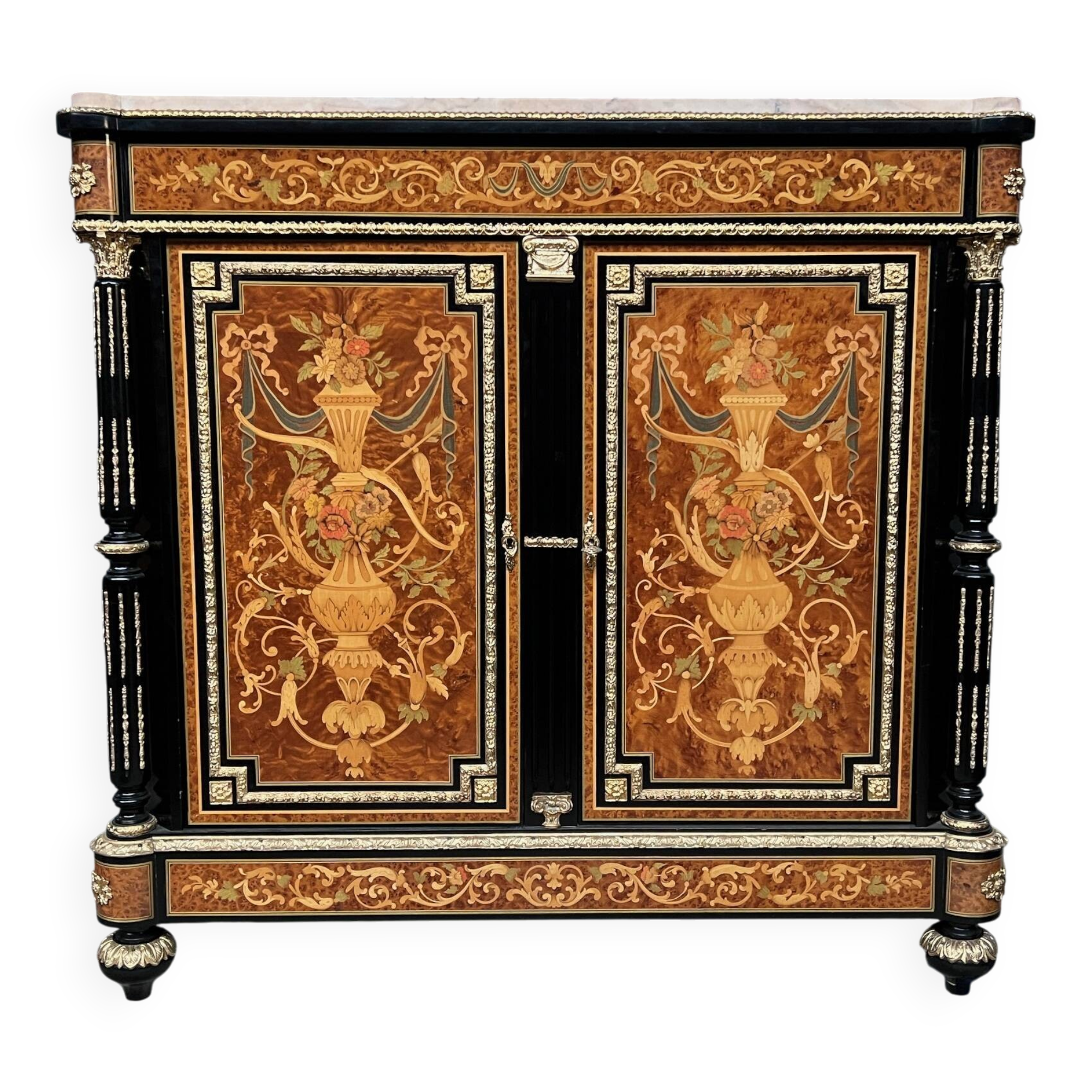Two-door commode in Louis XVI style with marquetry and marble top.