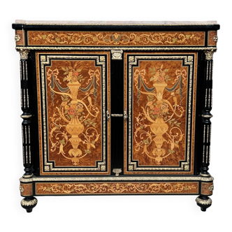 Two-door commode in Louis XVI style with marquetry and marble top.