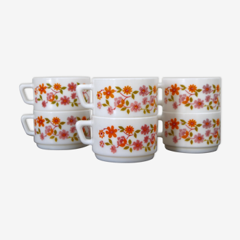 Six tasses Arcopal à fleurs