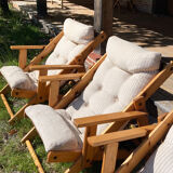 4 garden armchairs 1970 in pine and beige fabric