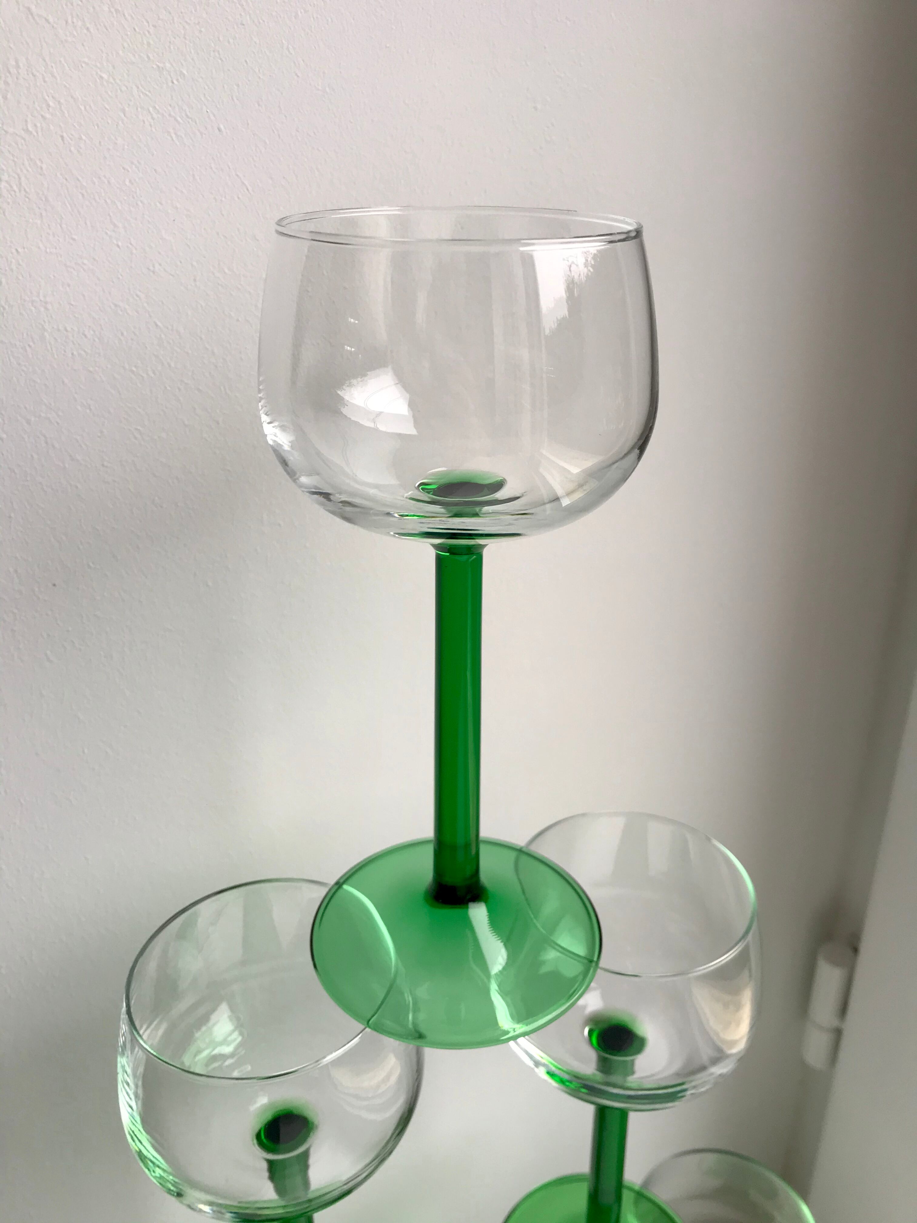 Set of 6 green white wine glasses made in France 60s-70s