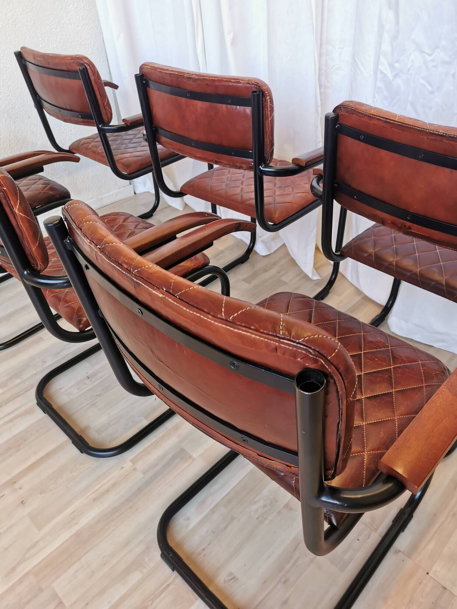 Set of 6 Vintage Cognac Leather Dining Chairs: Quilted Industrial Armchair