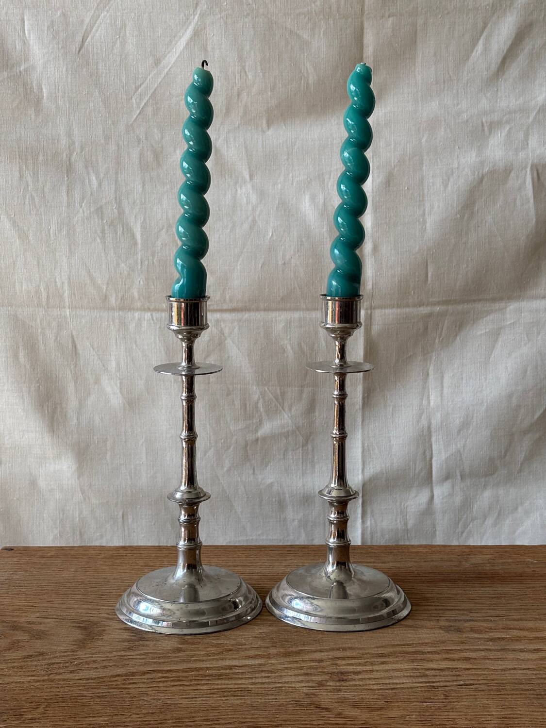 Silver-plated metal candlesticks imitating bamboo, 1960