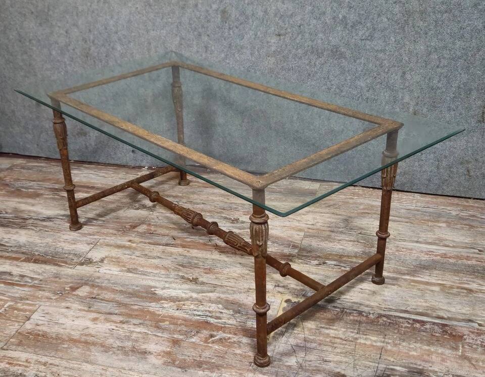 Console table / Coffee table in wrought iron with glass top in Art Deco style